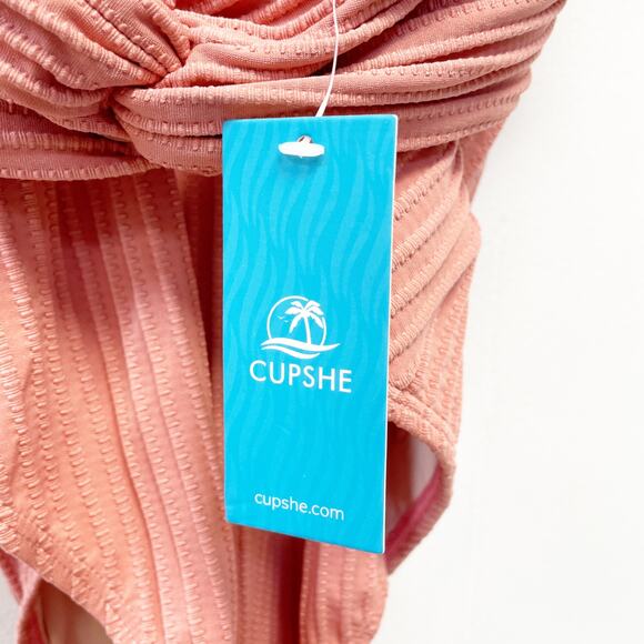 Cupshe Women's Ginger Ribbed & Ruched One Piece Swimsuit Pink Size Medium - Picture 3 of 5